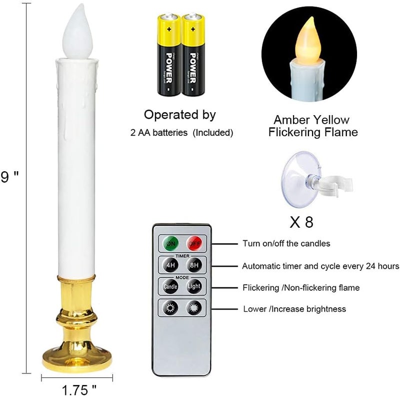 DRomance 9" Flameless Window Taper Candles Battery Operated with 8-Key Remote and Timer, 8 Pack White Christmas Holdiay Window Candles with Gold Holders, Suction Cups and AA Batteries Included - Image 5